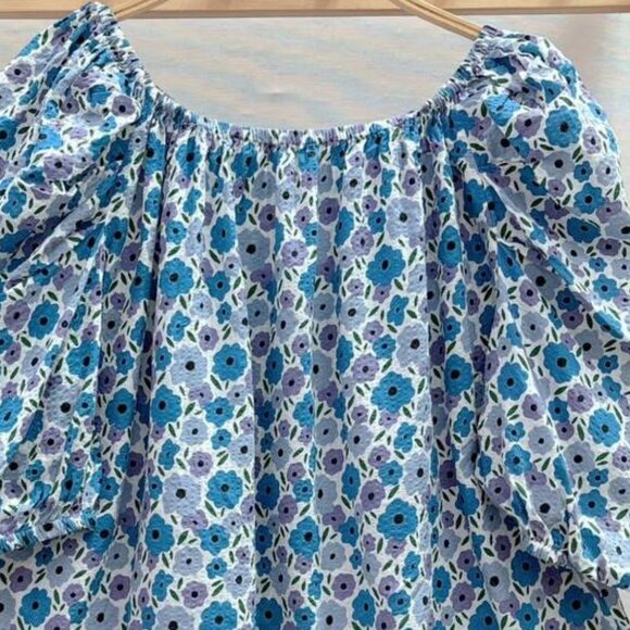 Blue Floral Puff Sleeve Off Shoulder Blouse - Picture 2 of 3